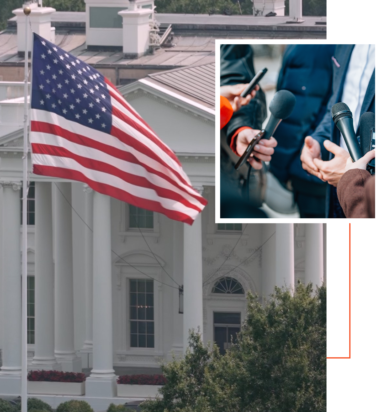 American flag and press microphones at event.